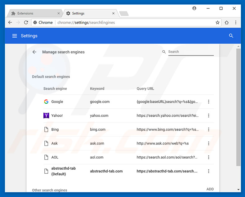 Removing abstracthd-tab.com from Google Chrome default search engine