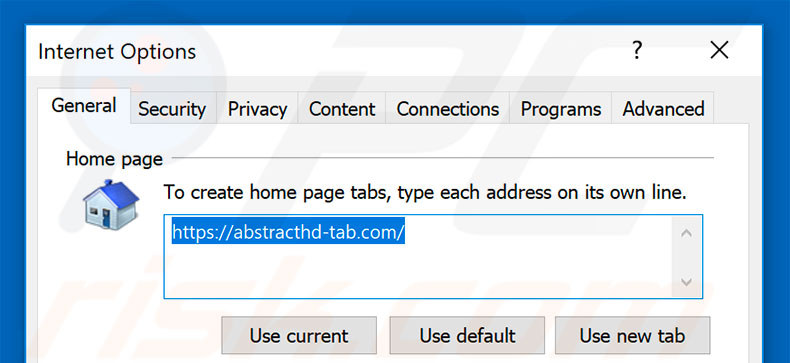 Removing abstracthd-tab.com from Internet Explorer homepage