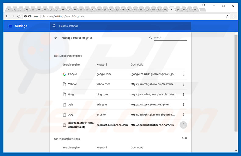 Removing adamant.pristineapp.com from Google Chrome default search engine