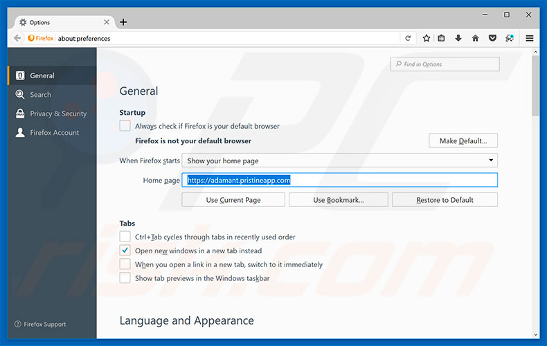 Removing adamant.pristineapp.com from Mozilla Firefox homepage