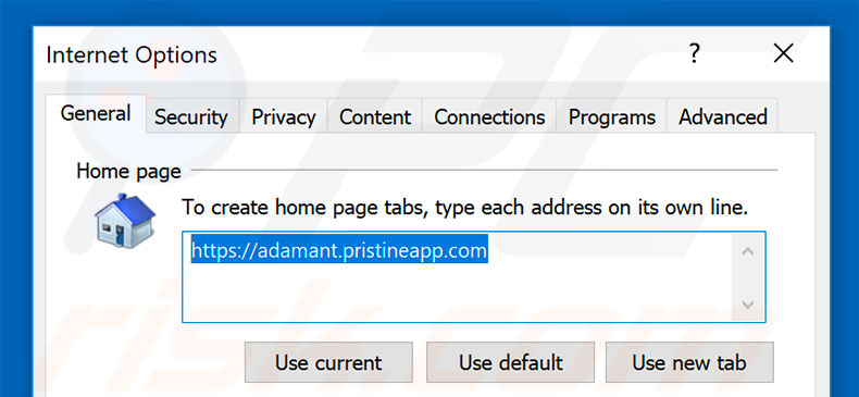 Removing adamant.pristineapp.com from Internet Explorer homepage
