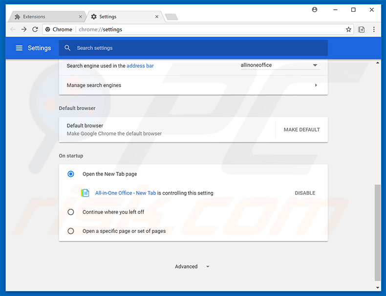 Removing search.allinoneoffice.net from Google Chrome homepage