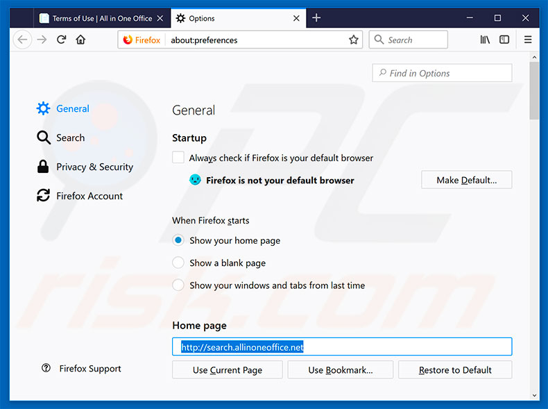 Removing search.allinoneoffice.net from Mozilla Firefox homepage
