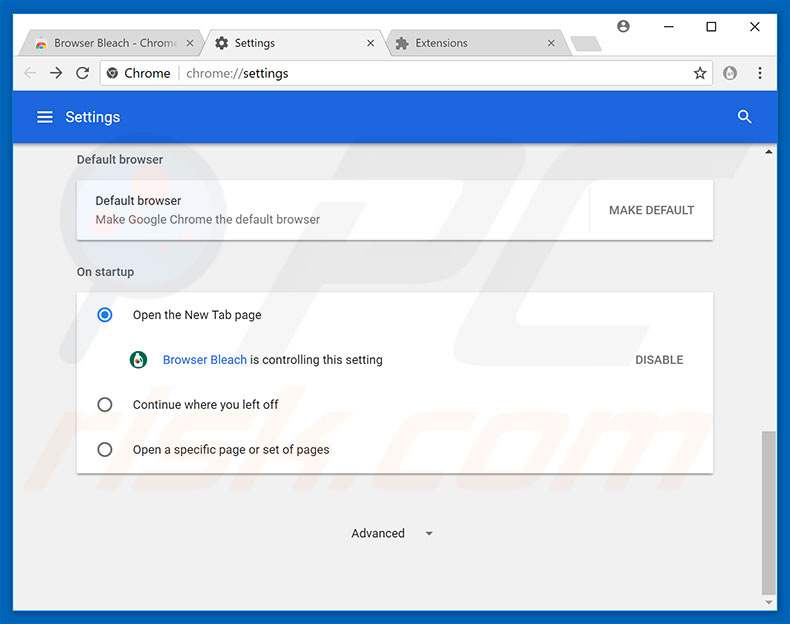 Removing browserbleach.com from Google Chrome homepage