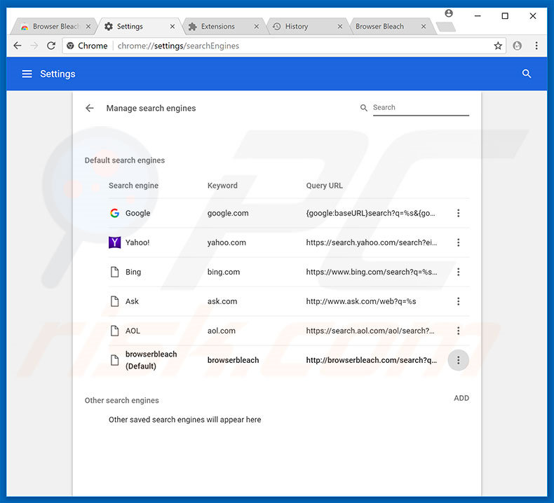 Removing browserbleach.com from Google Chrome default search engine