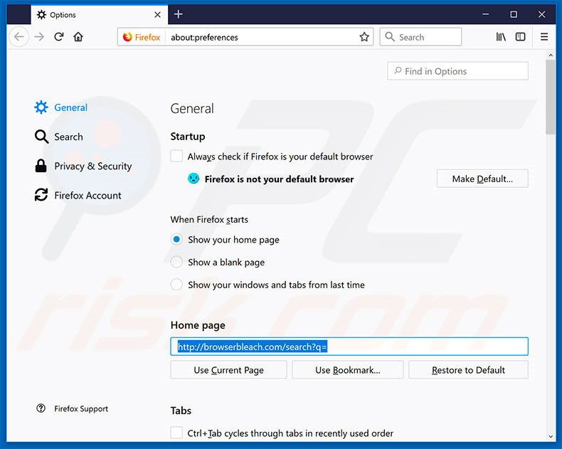 Removing browserbleach.com from Mozilla Firefox homepage