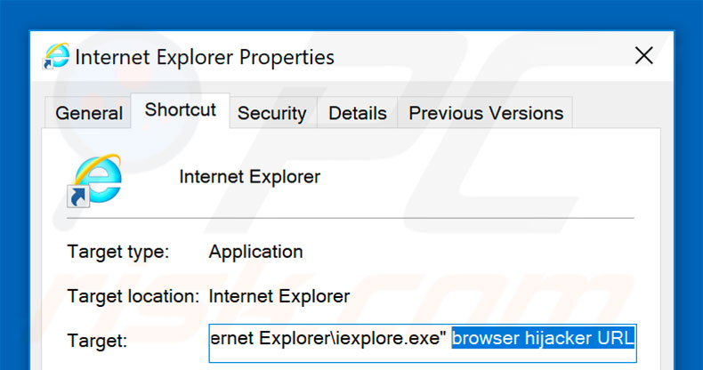 Removing browser hijacker from Internet Explorer shortcut target step 2