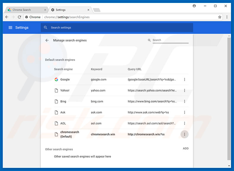 Removing chromesearch.win from Google Chrome default search engine