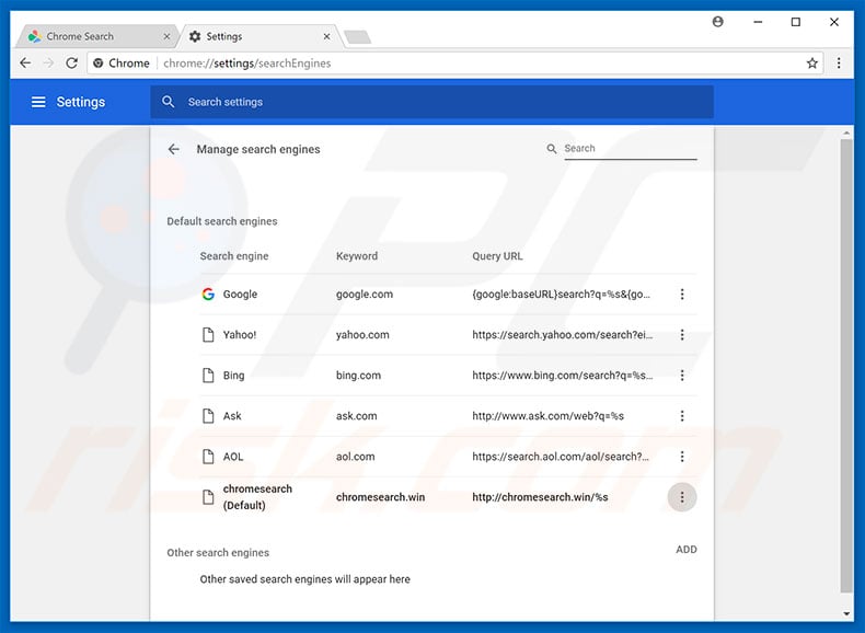 Removing chromesearch.win from Google Chrome default search engine