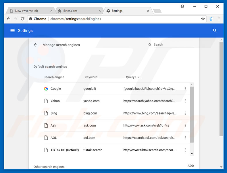 Removing chrome-tab.com from Google Chrome default search engine
