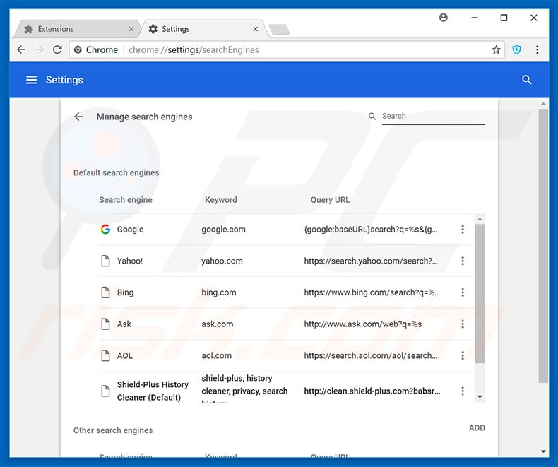 Removing clean.shield-plus.com from Google Chrome default search engine