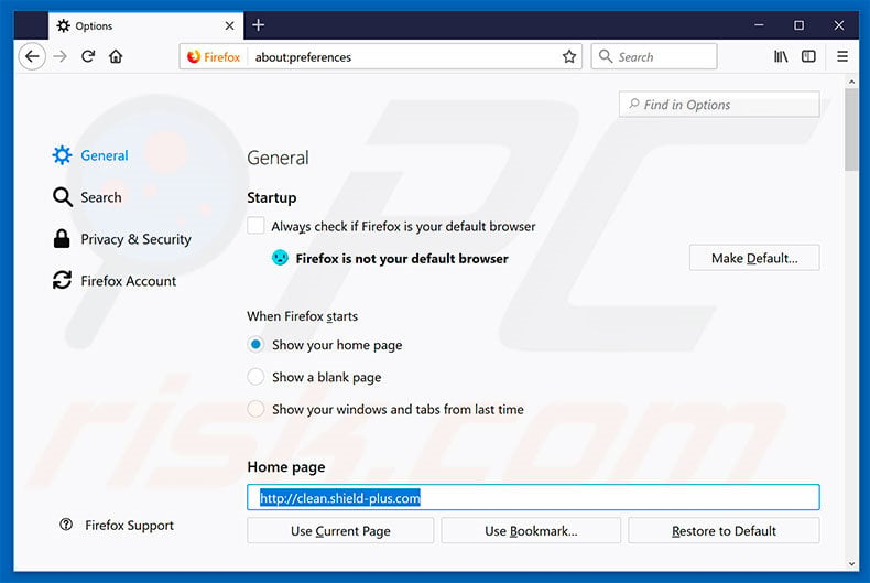 Removing clean.shield-plus.com from Mozilla Firefox homepage