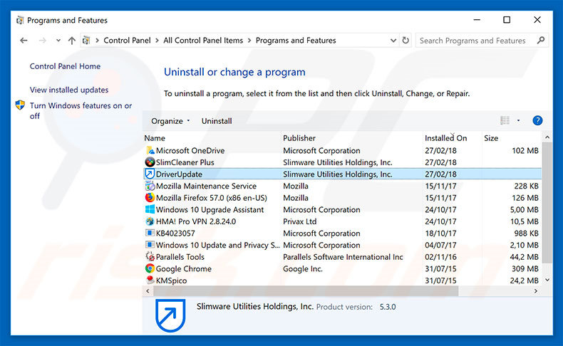 DriverUpdate adware uninstall via Control Panel