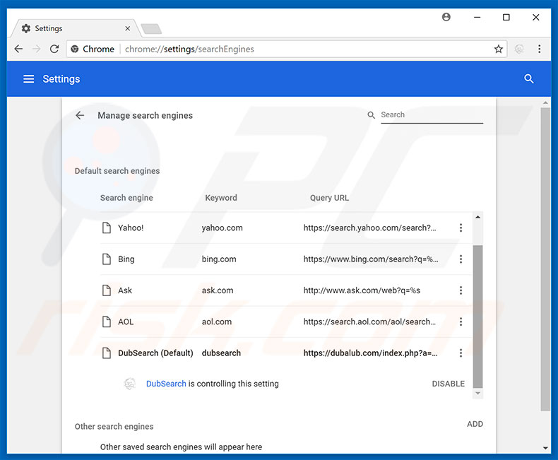 Removing dubalub.com from Google Chrome default search engine