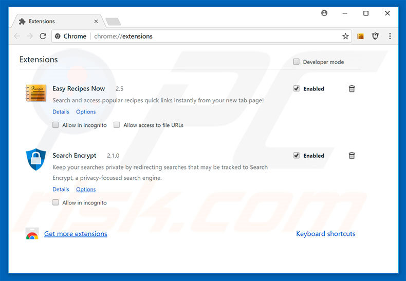 Removing search.heasyrecipesnow.com related Google Chrome extensions