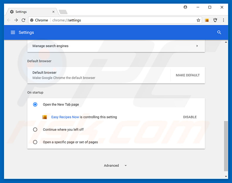 Removing search.heasyrecipesnow.com from Google Chrome homepage