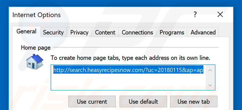 Removing search.heasyrecipesnow.com from Internet Explorer homepage