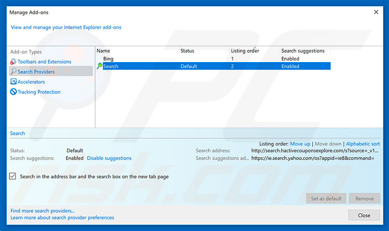Removing search.heasyrecipesnow.com from Internet Explorer default search engine