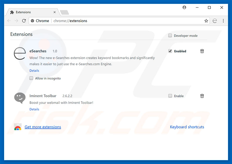 Removing e-searches.com related Google Chrome extensions