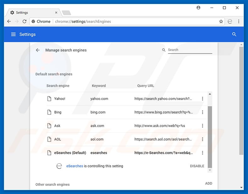 Removing e-searches.com from Google Chrome default search engine