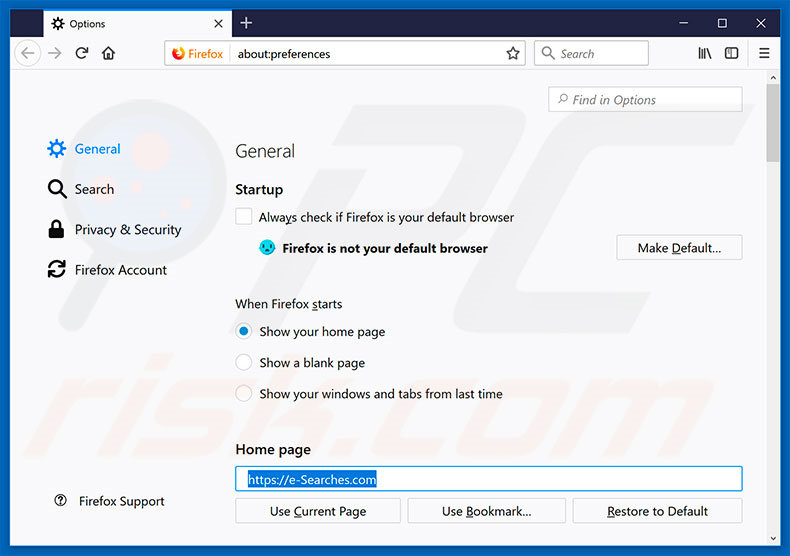 Removing e-searches.com from Mozilla Firefox homepage