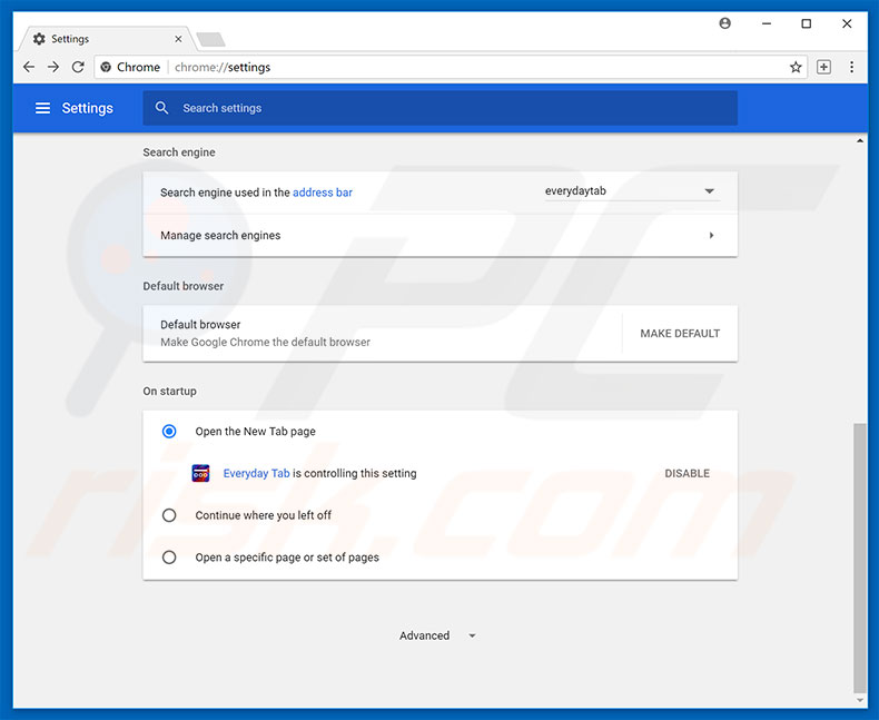 Removing everydaytab.com from Google Chrome homepage