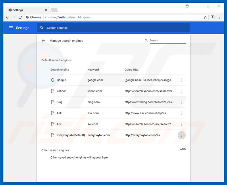 Removing everydaytab.com from Google Chrome default search engine