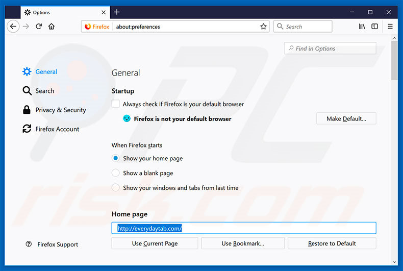 Removing everydaytab.com from Mozilla Firefox homepage