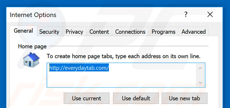 Removing everydaytab.com from Internet Explorer homepage
