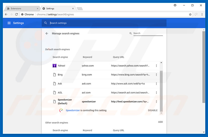 Removing feed.speedomizer.com from Google Chrome default search engine