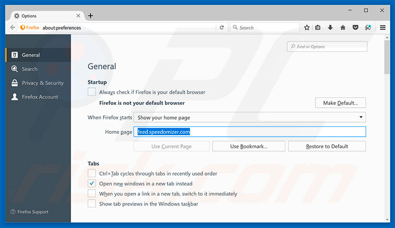 Removing feed.speedomizer.com from Mozilla Firefox homepage