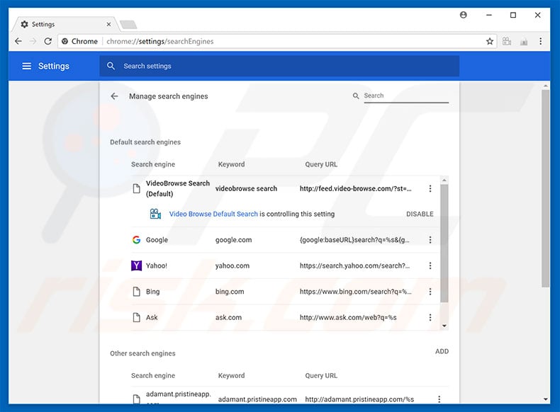Removing feed.video-browse.com from Google Chrome default search engine