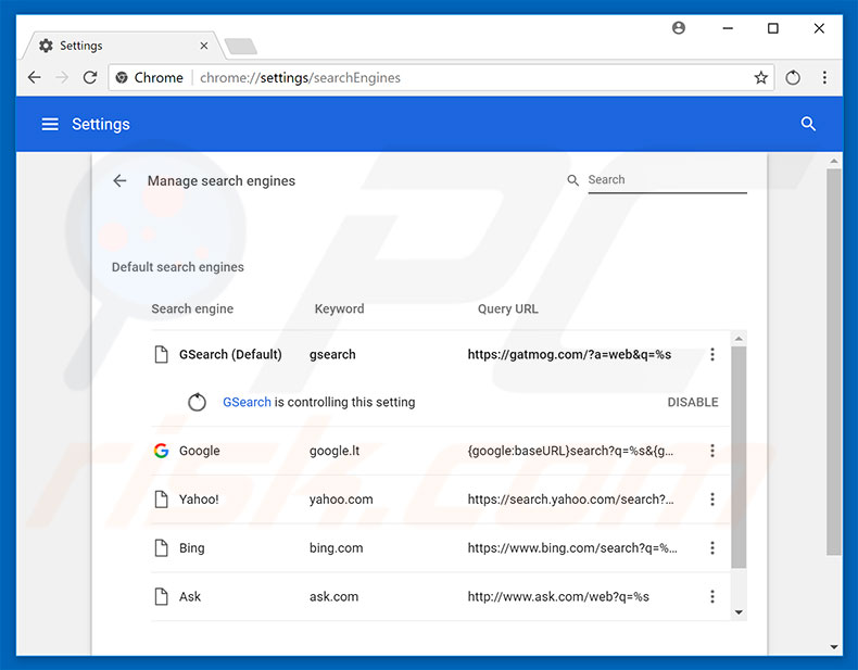 Removing gatmog.com from Google Chrome default search engine