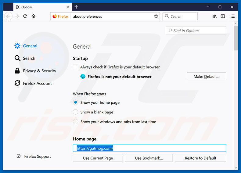 Removing gatmog.com from Mozilla Firefox homepage