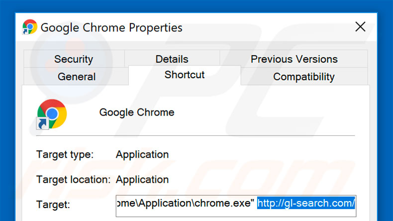 Removing gl-search.com from Google Chrome shortcut target step 2
