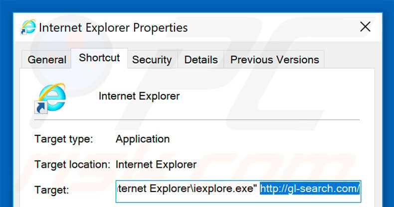 Removing gl-search.com from Internet Explorer shortcut target step 2