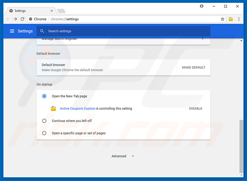 Removing search.hactivecouponsexplore.com from Google Chrome homepage