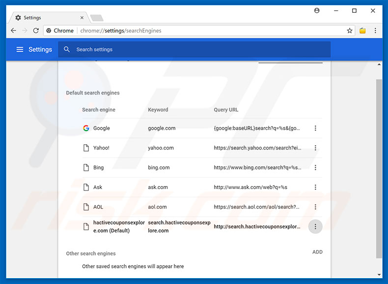 Removing search.hactivecouponsexplore.com from Google Chrome default search engine