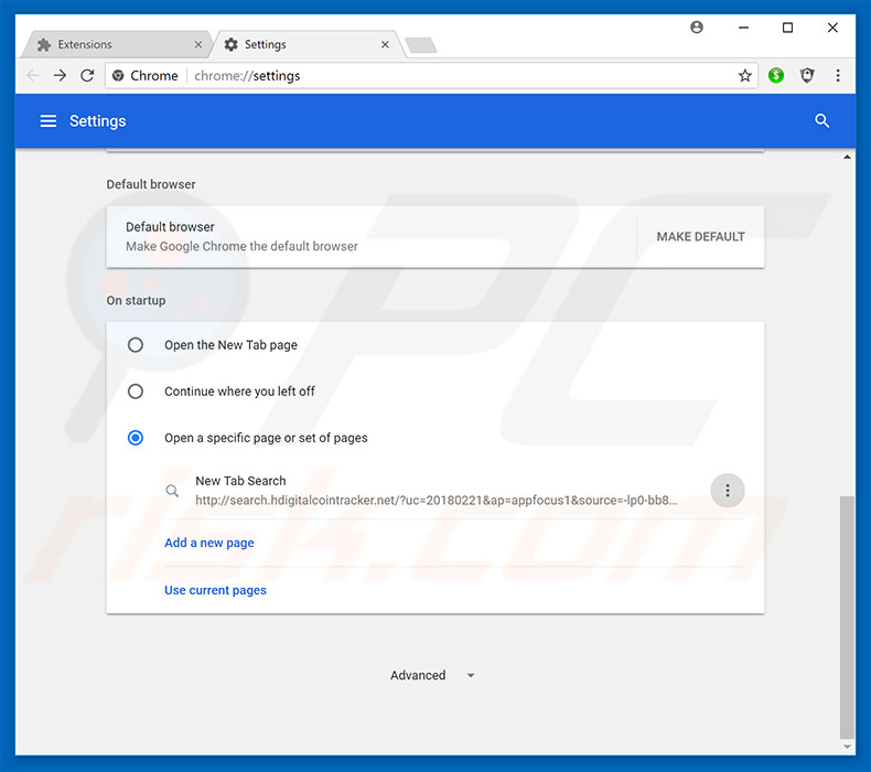 Removing search.hdigitalcointracker.net from Google Chrome homepage