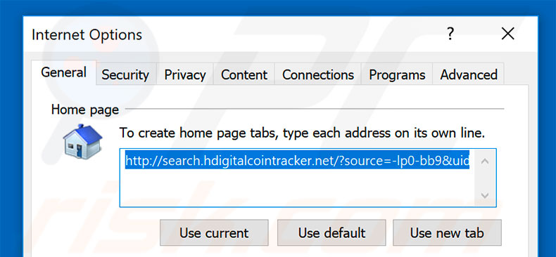 Removing search.hdigitalcointracker.net from Internet Explorer homepage