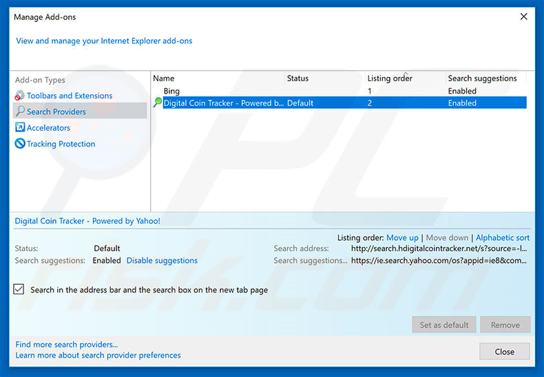 Removing search.hdigitalcointracker.net from Internet Explorer default search engine