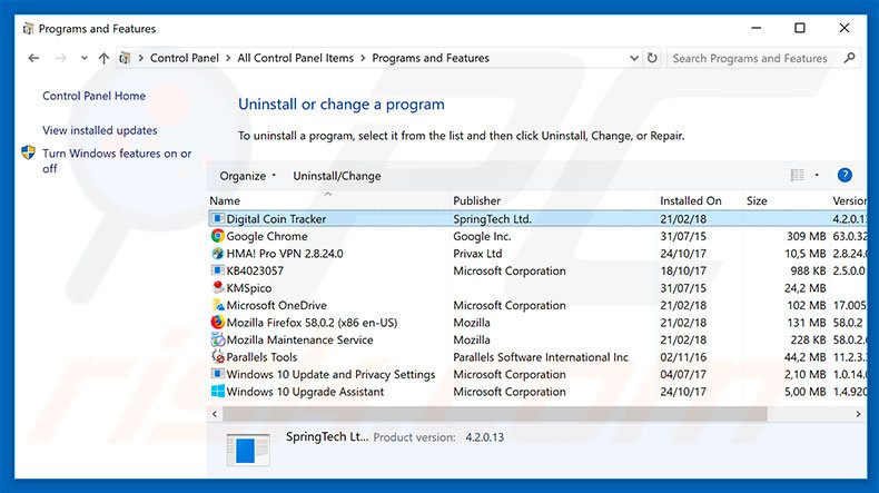 search.hdigitalcointracker.net browser hijacker uninstall via Control Panel