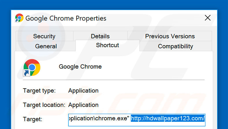 Removing hdwallpaper123.com from Google Chrome shortcut target step 2