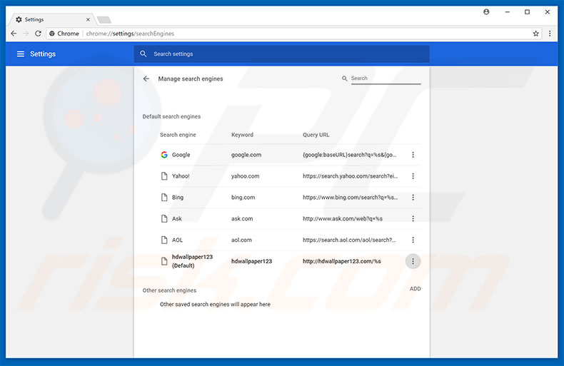 Removing hdwallpaper123.com from Google Chrome default search engine