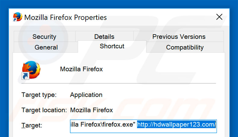 Removing hdwallpaper123.com from Mozilla Firefox shortcut target step 2
