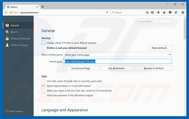 Removing hdwallpaper123.com from Mozilla Firefox homepage