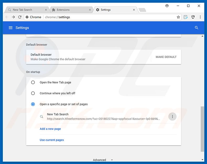Removing search.hfreeformsnow.com from Google Chrome homepage