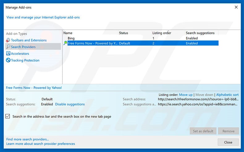 Removing search.hfreeformsnow.com from Internet Explorer default search engine