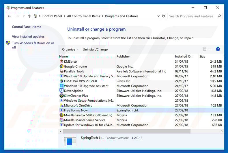 search.hfreeformsnow.com browser hijacker uninstall via Control Panel