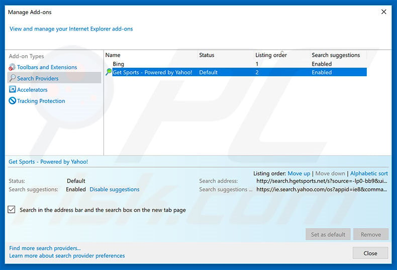 Removing search.hgetsports.net from Internet Explorer default search engine